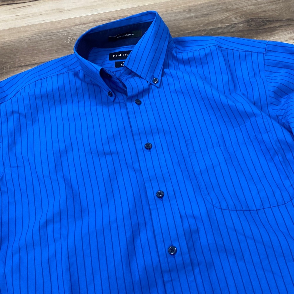 Paul Fredrick Dress Shirt 16 x 35 Pinstripe Non-Iron Cotton Classic Fit Blue